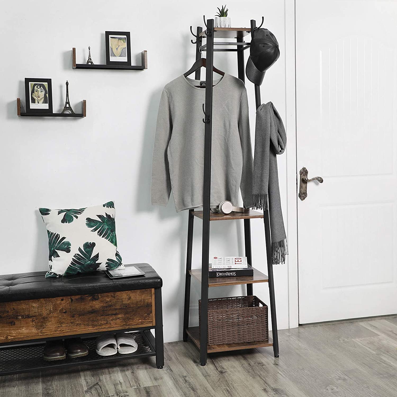 Klädhängare – Industriell design med 3 hyllplan – Vintage brun, svart