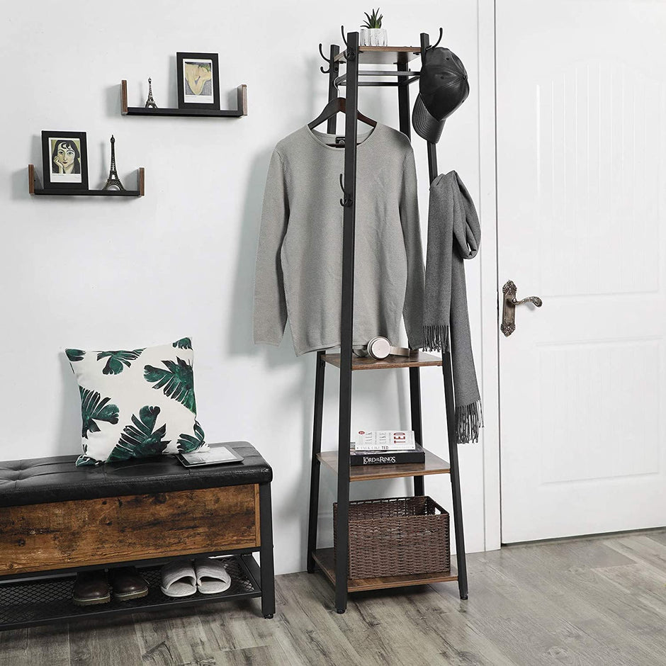 Klädhängare – Industriell design med 3 hyllplan – Vintage brun, svart