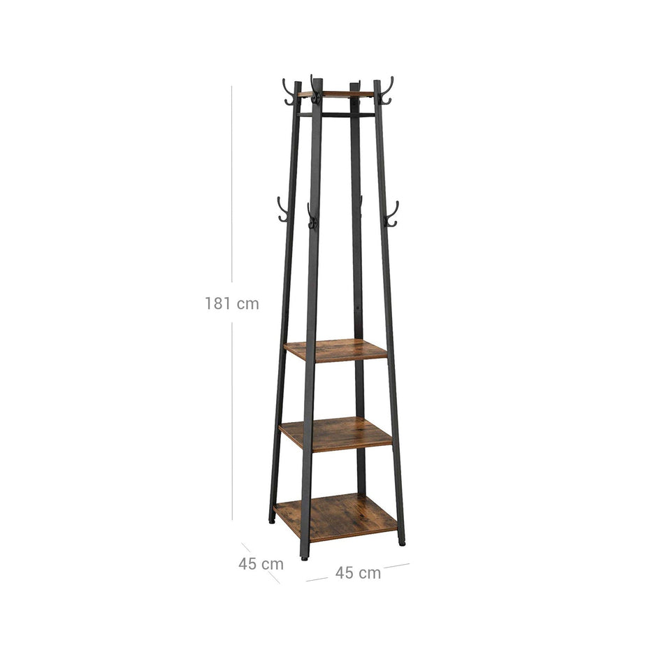 Klädhängare – Industriell design med 3 hyllplan – Vintage brun, svart