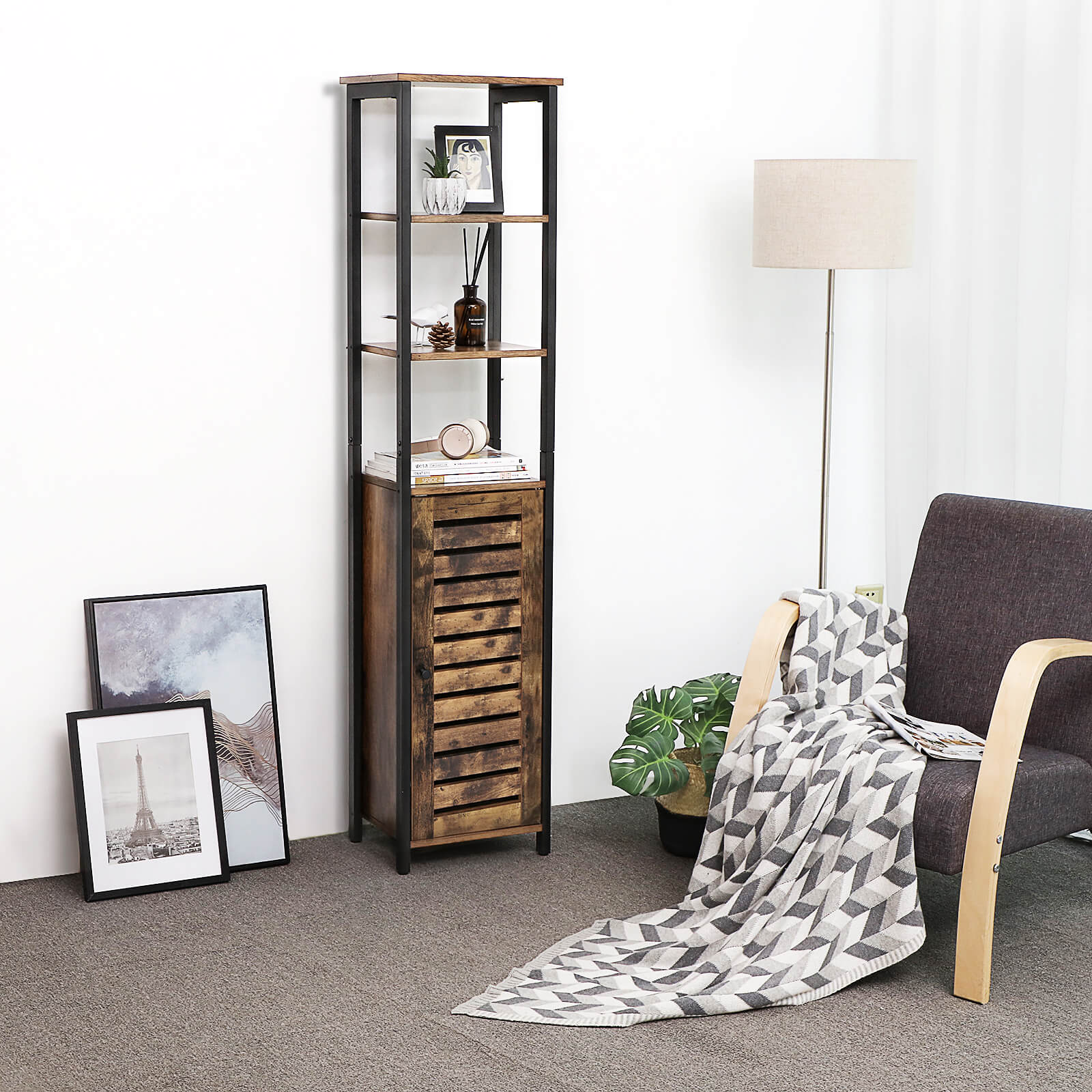 Kökskåp - smalt förvaringsskåp med 3 rack - industriell design - brun