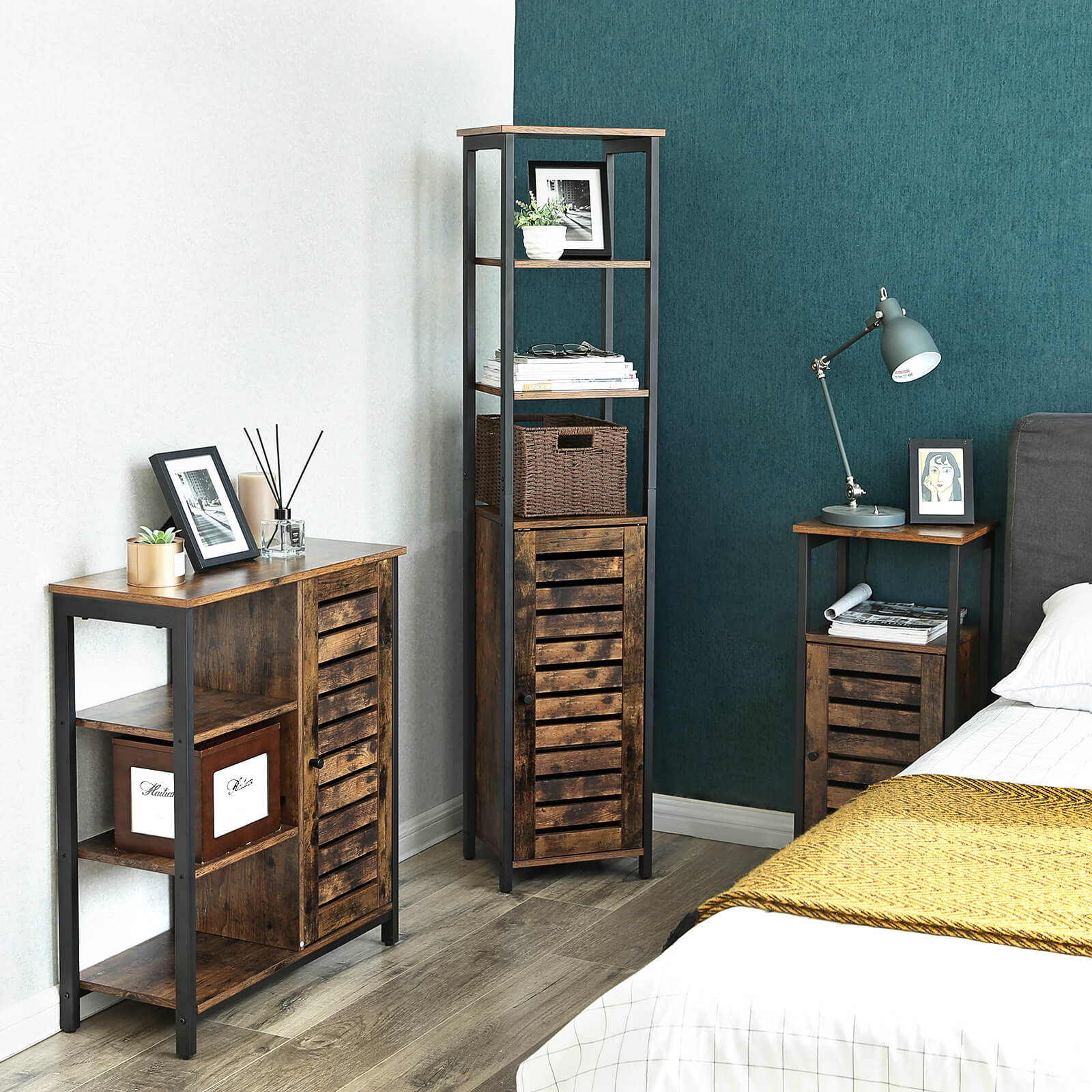Kökskåp - smalt förvaringsskåp med 3 rack - industriell design - brun