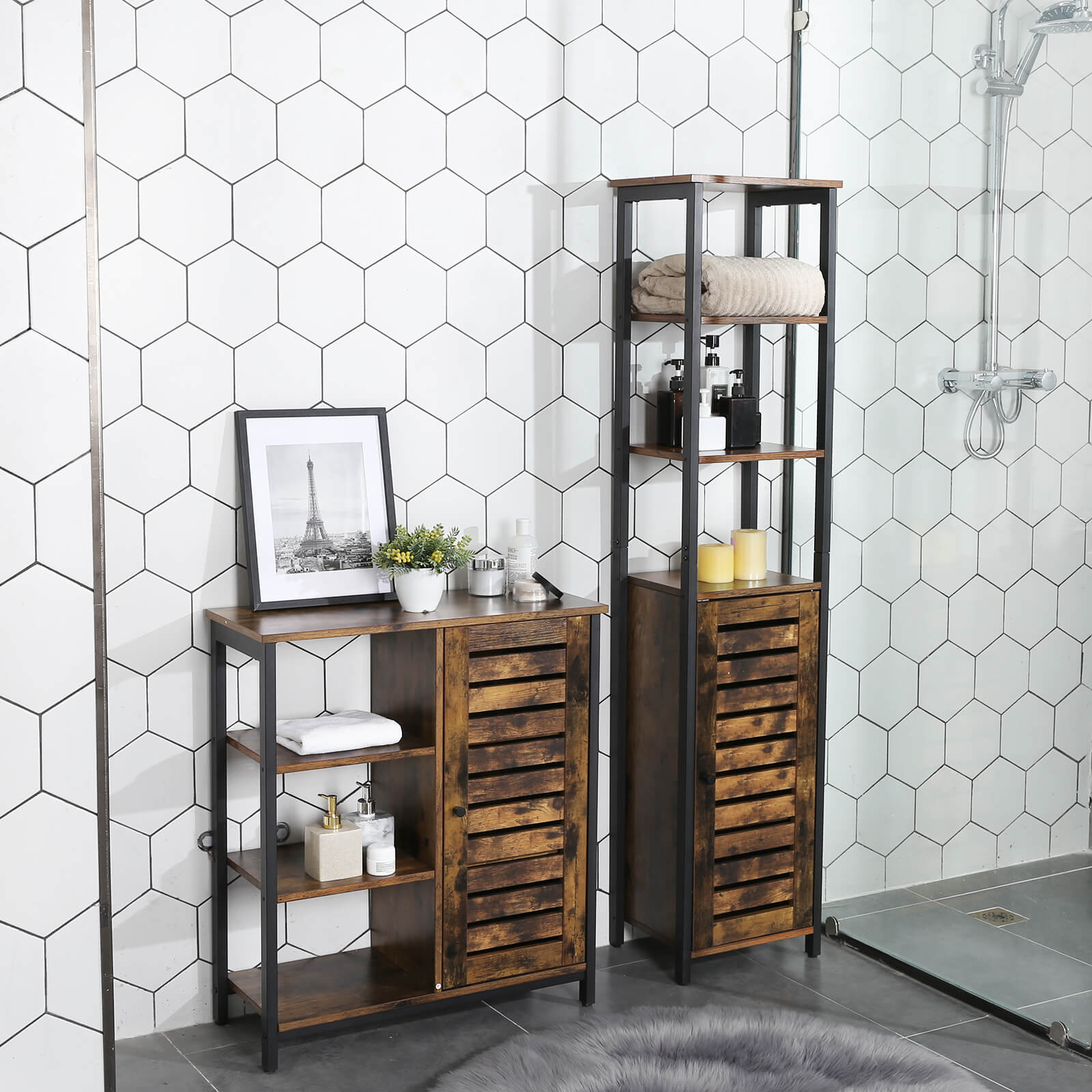 Kökskåp - smalt förvaringsskåp med 3 rack - industriell design - brun