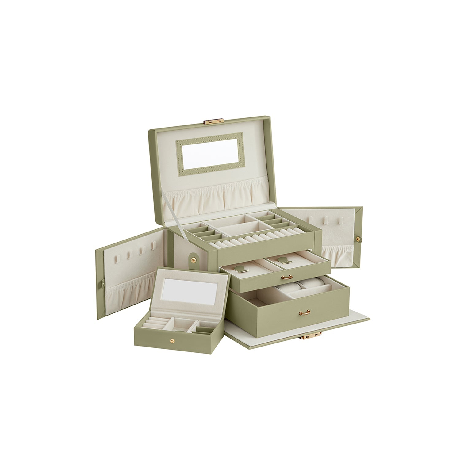 Smyckeslåda - smyckesbox - från konstgjort läder - med spegel - 3 lådor - svart