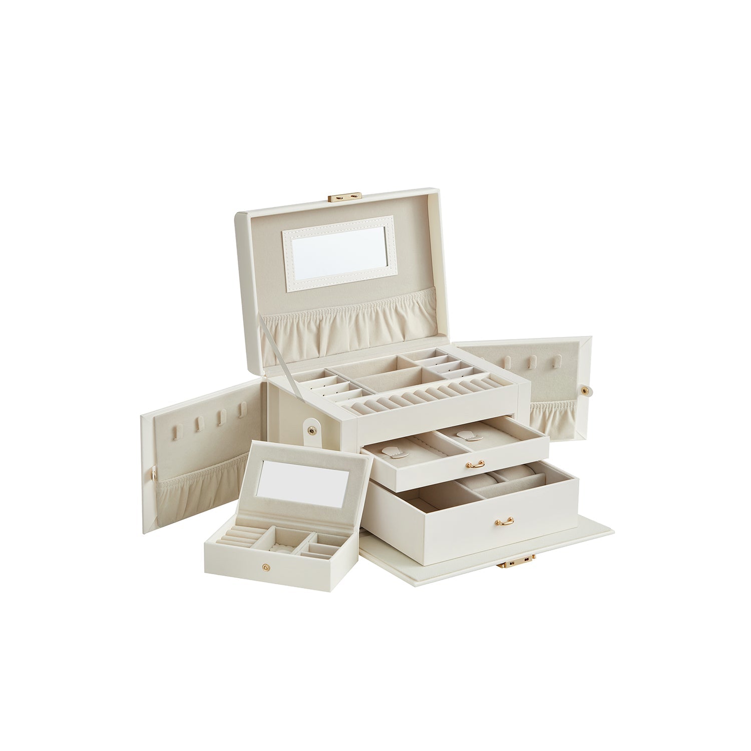 Smyckeslåda - smyckesbox - från konstgjort läder - med spegel - 3 lådor - svart