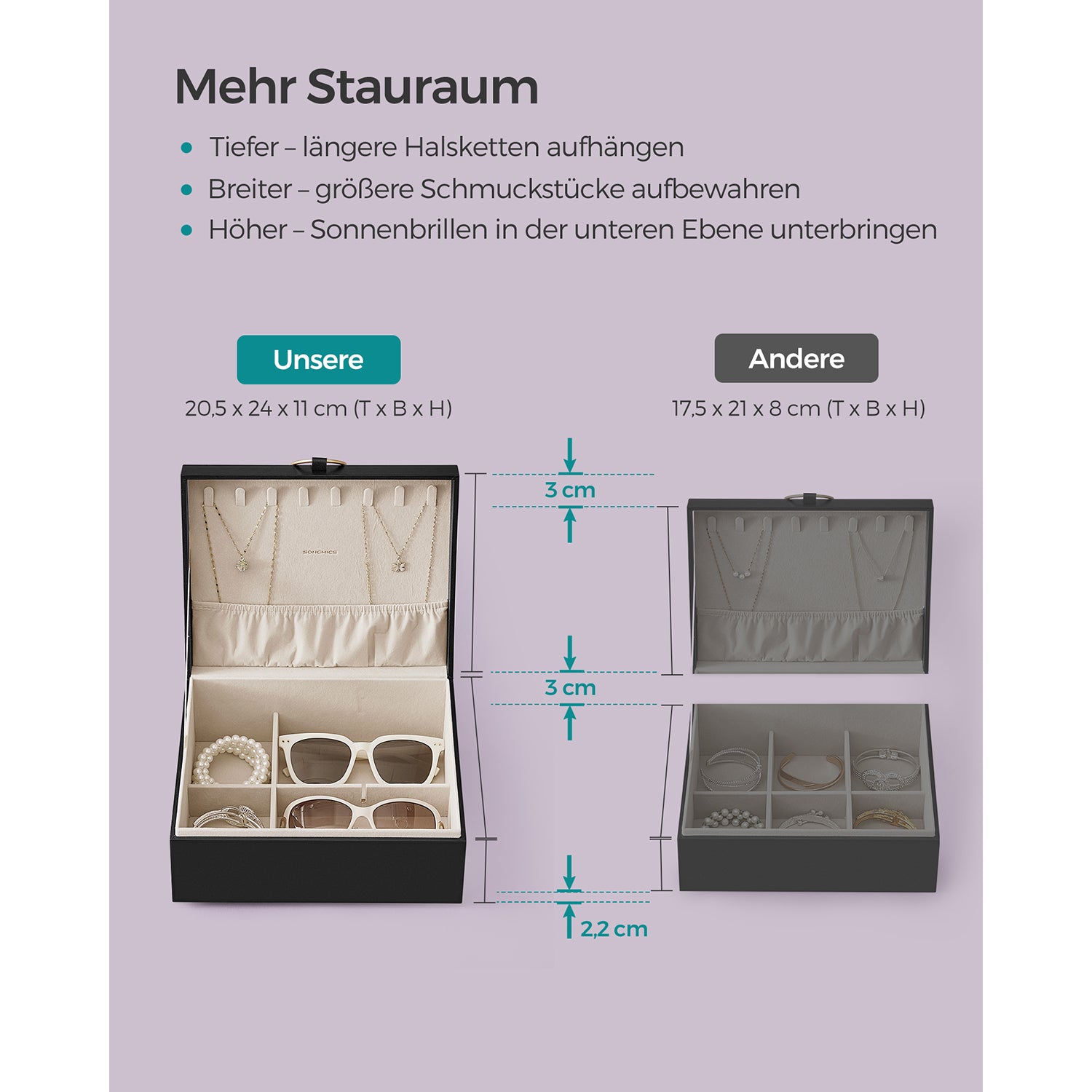 Smyckesbox - 2 nivåer - med handtag - flexibel smyckesfack - svart