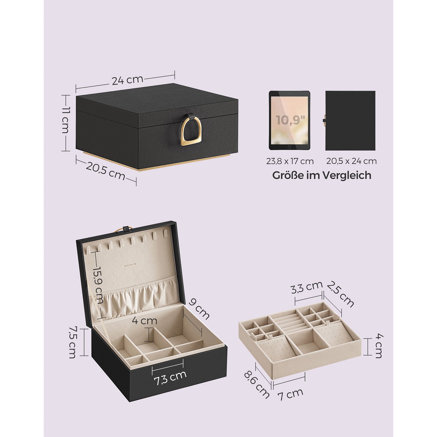 Smyckesbox - 2 nivåer - med handtag - flexibel smyckesfack - svart