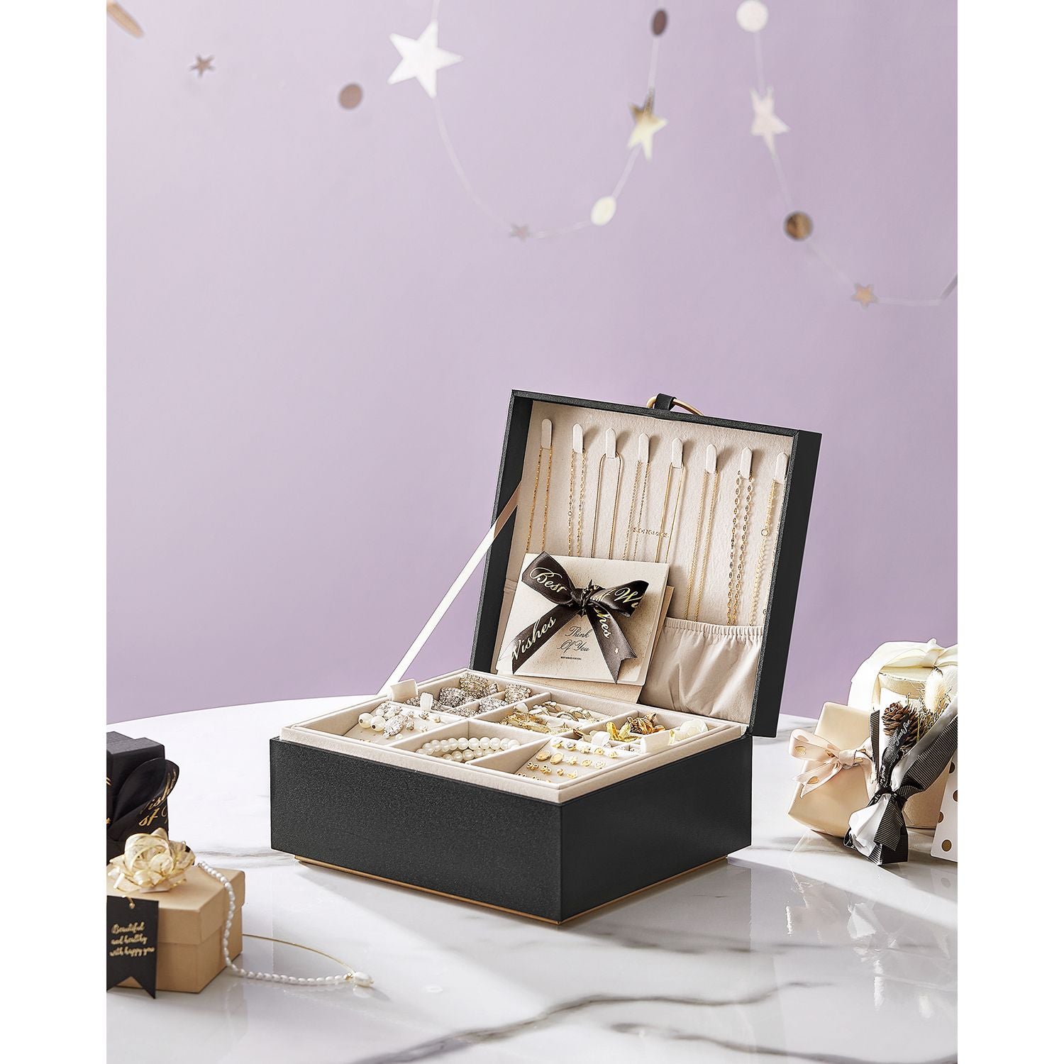 Smyckesbox - 2 nivåer - Handtag - Flexibelt smyckesfack - Svart