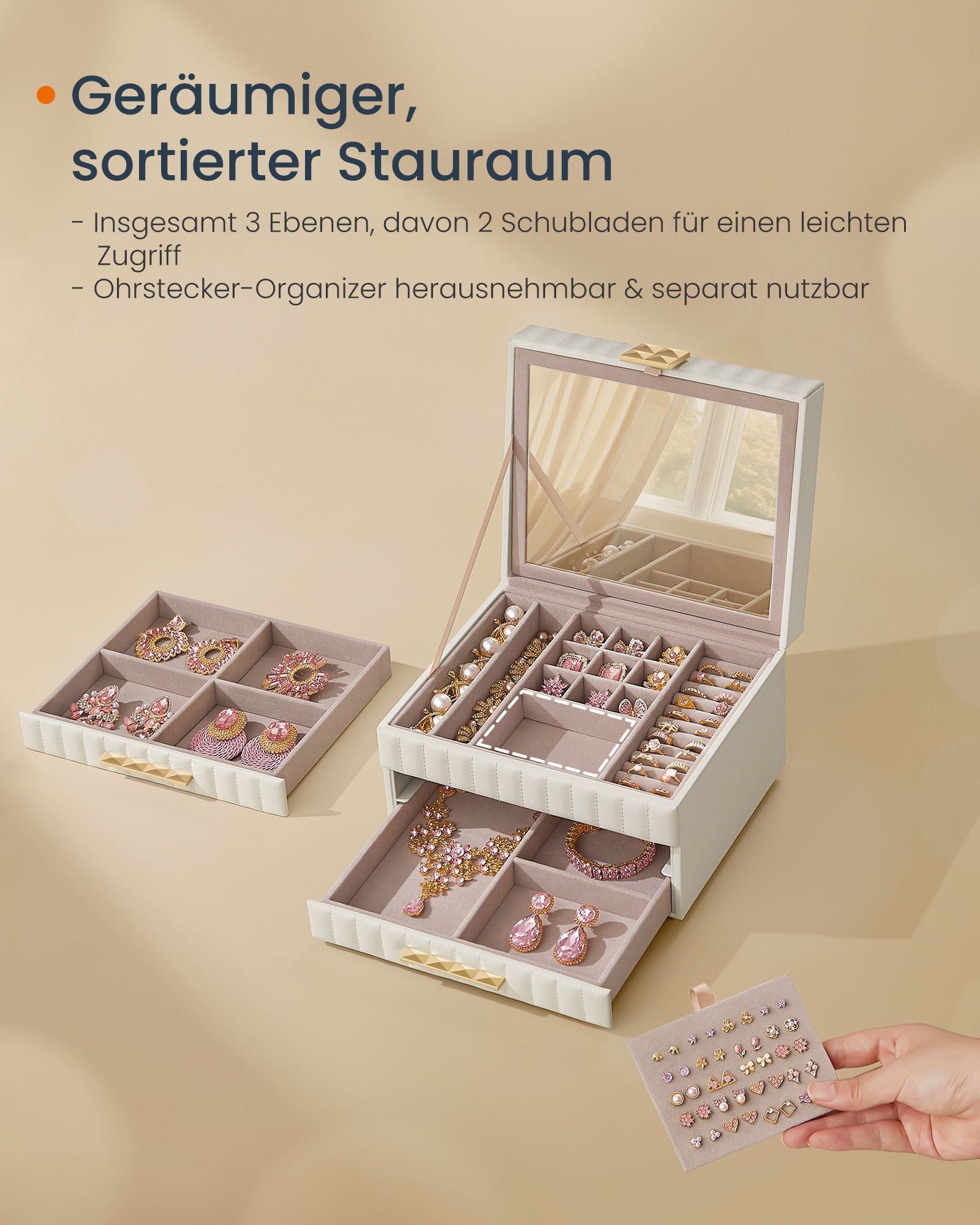 Songmics Home Anah Collection - Smyckeslådor med spegel 3 nivåer Wolkwit