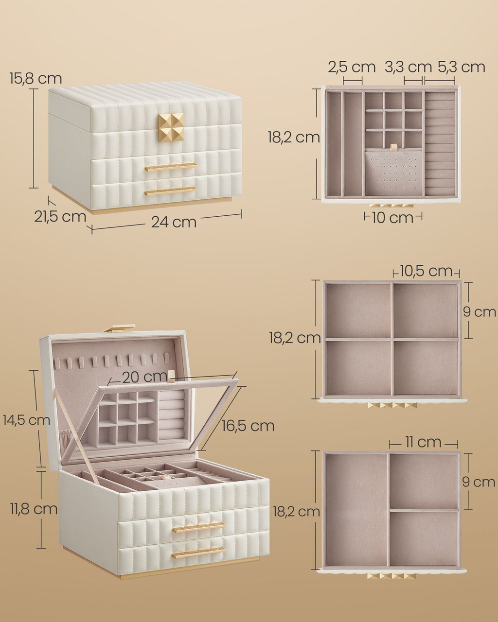 Songmics Home Anah Collection - Smyckeslådor med spegel 3 nivåer Wolkwit