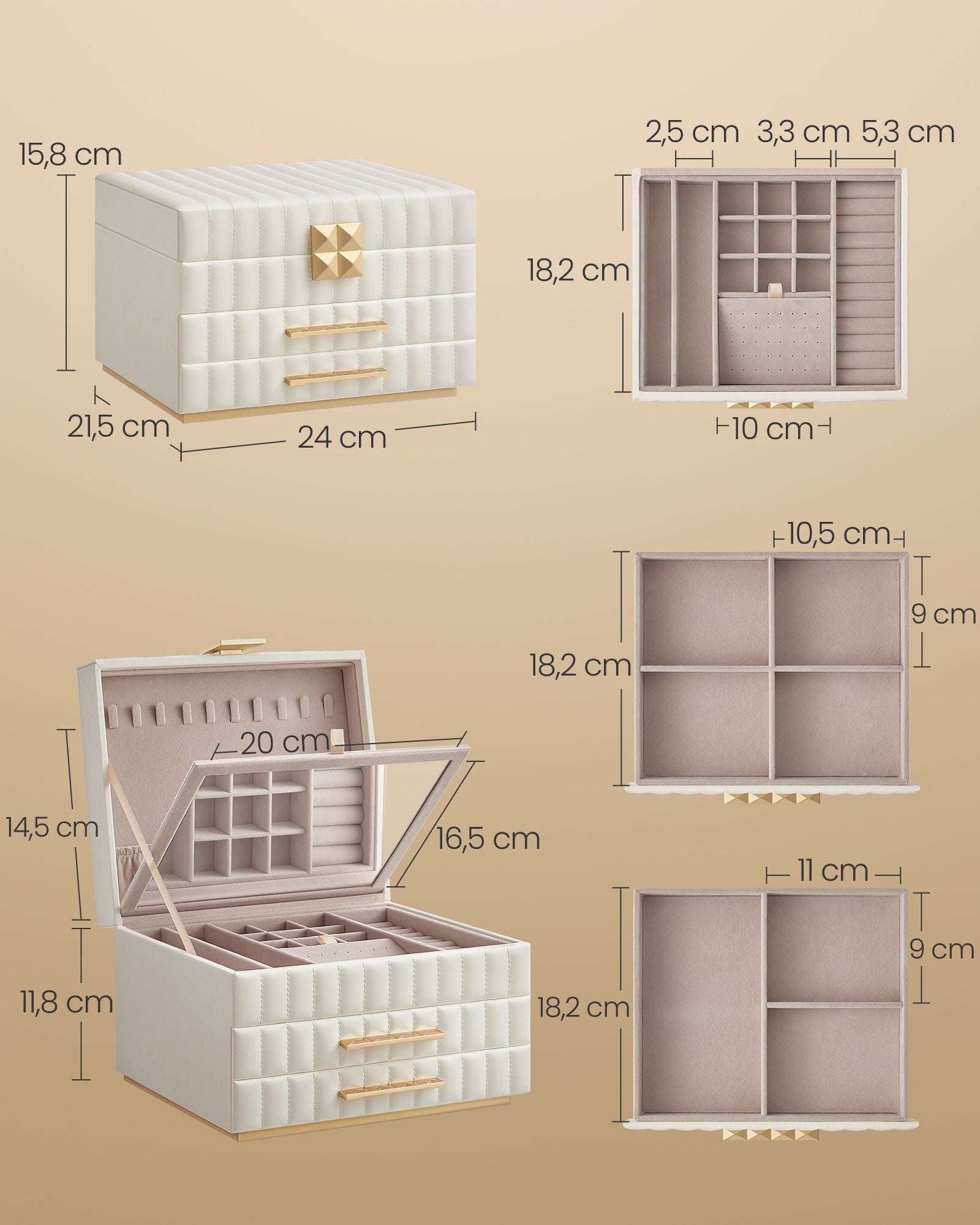 Songmics Home Anah Collection - Smyckeslådor med spegel 3 nivåer Wolkwit