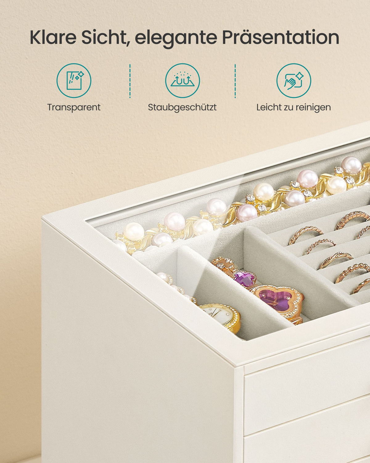 Grote Sieradendoos – Glazen Deksel – 5 Niveaus – Crèmewit en Wit