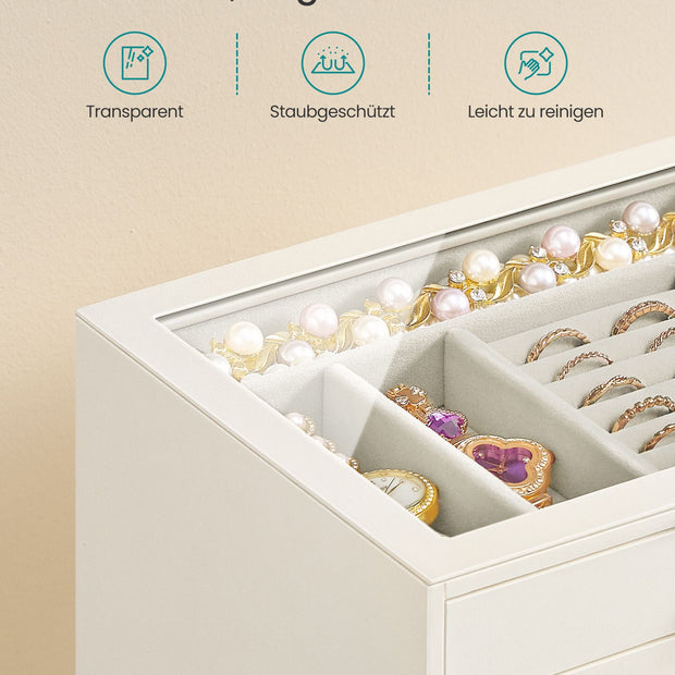 Grote Sieradendoos – Glazen Deksel – 5 Niveaus – Crèmewit en Wit