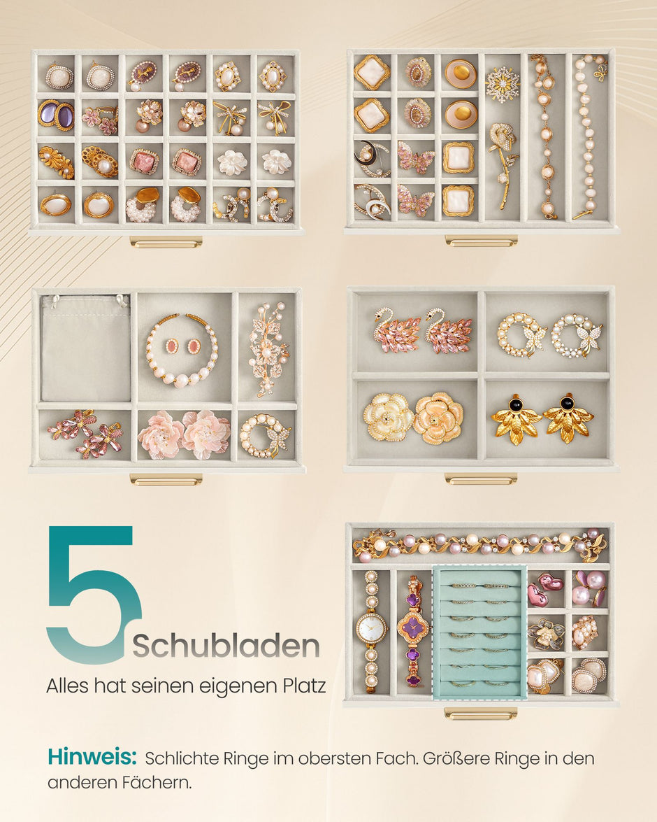 Grote Sieradendoos – Glazen Deksel – 5 Niveaus – Crèmewit en Wit