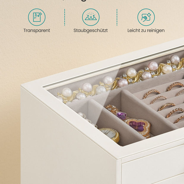 Sieradendoos – Glazen Deksel – 7 Niveaus met Lades – Crèmewit en Kameelbruin