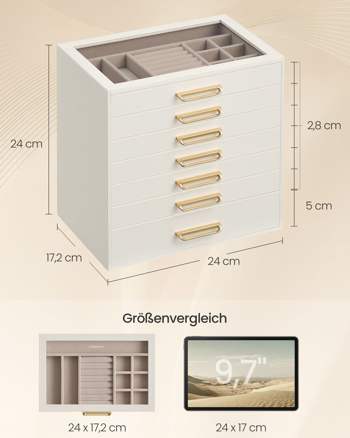 Sieradendoos – Glazen Deksel – 7 Niveaus met Lades – Crèmewit en Kameelbruin