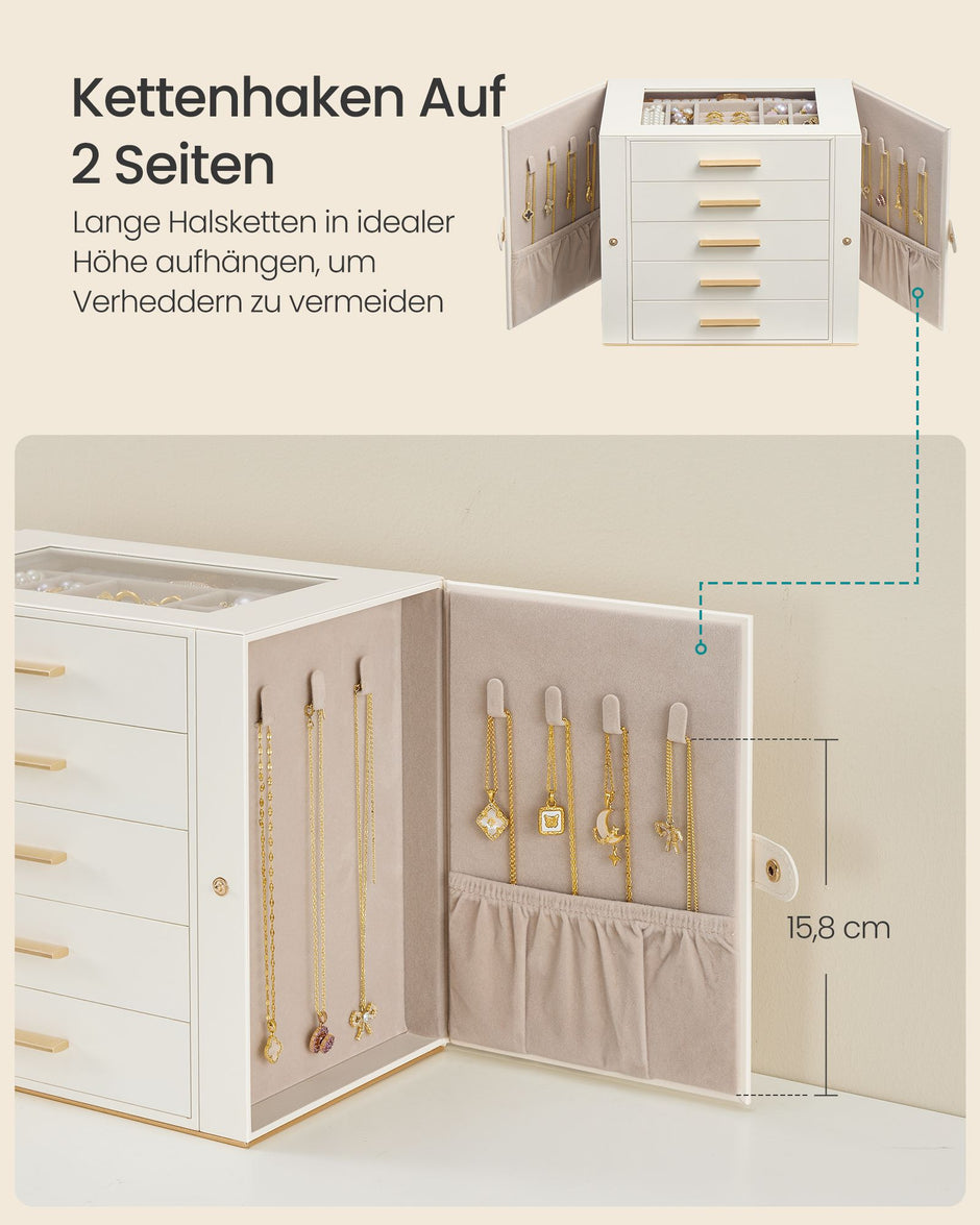 Sieradendoos - Met Glazen Deksel en Meerdere Vakken - Crèmewit en lichtbruin - 26,1 x 15,6 x 22,2 cm