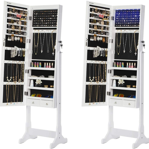 Smyckesskåp med LED-belysning och låsbart lås - vitt