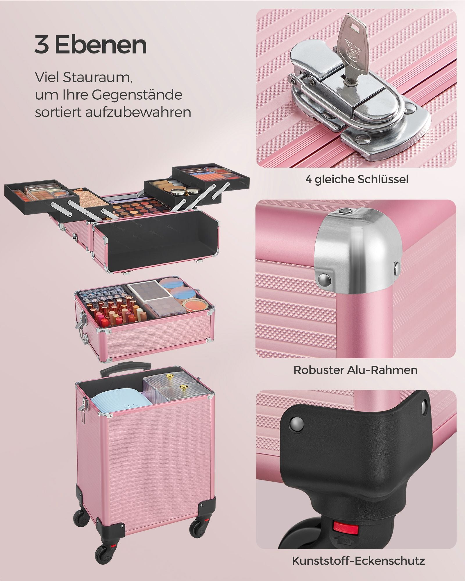 Kosmetisk stam-3-i-1 makeup case-pastel rosa