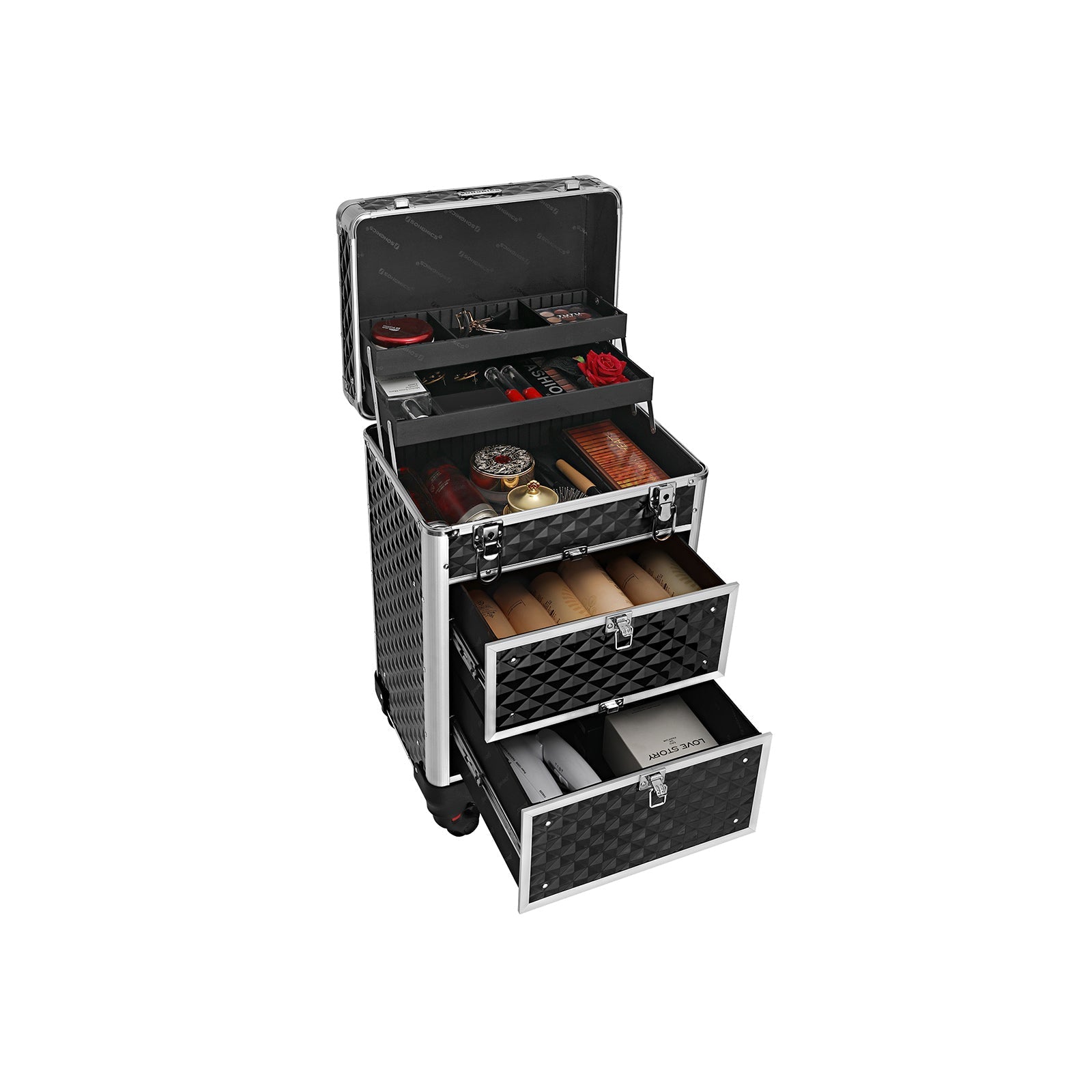 Make -Up Suitcase - Professional Trolley - Hairdressing Case with 4 Wheels - Svart