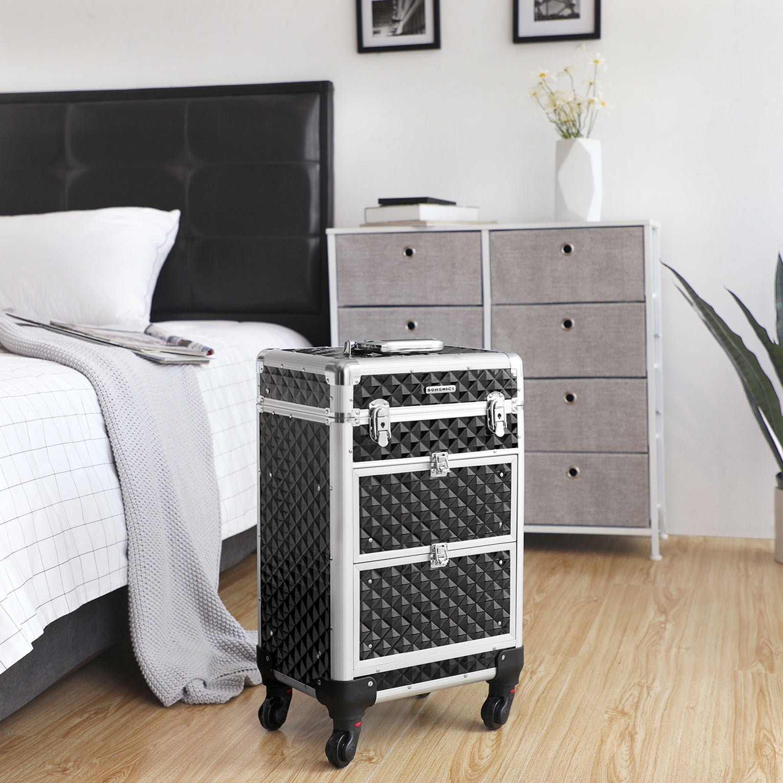 Make -Up Suitcase - Professional Trolley - Hairdressing Case with 4 Wheels - Svart