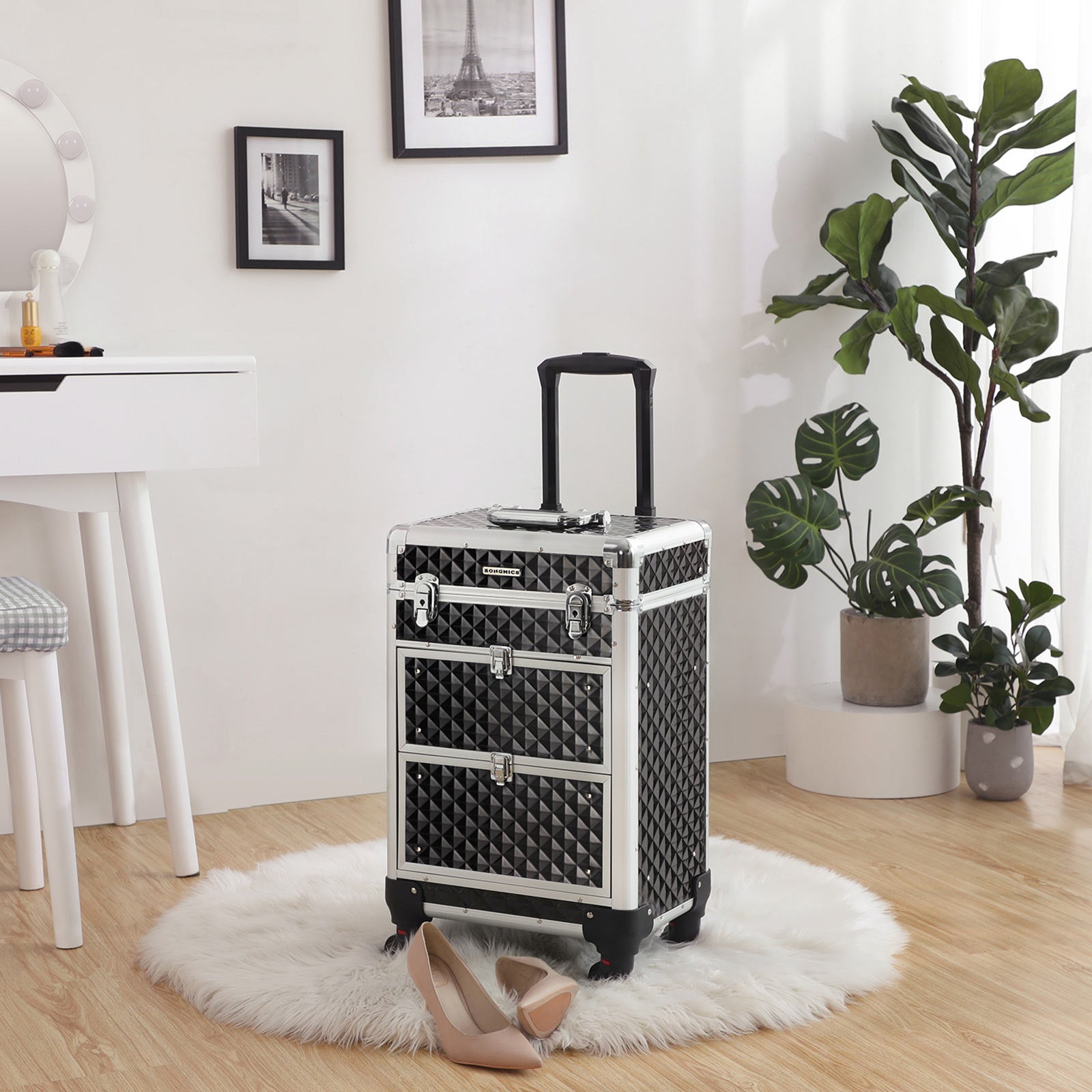 Make -Up Suitcase - Professional Trolley - Hairdressing Case with 4 Wheels - Svart