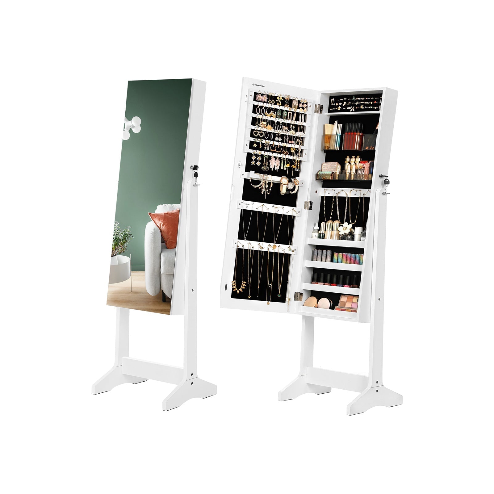 Smyckeskåp - Stående spegelskåp med 2 Make -Up -arrangörer - White