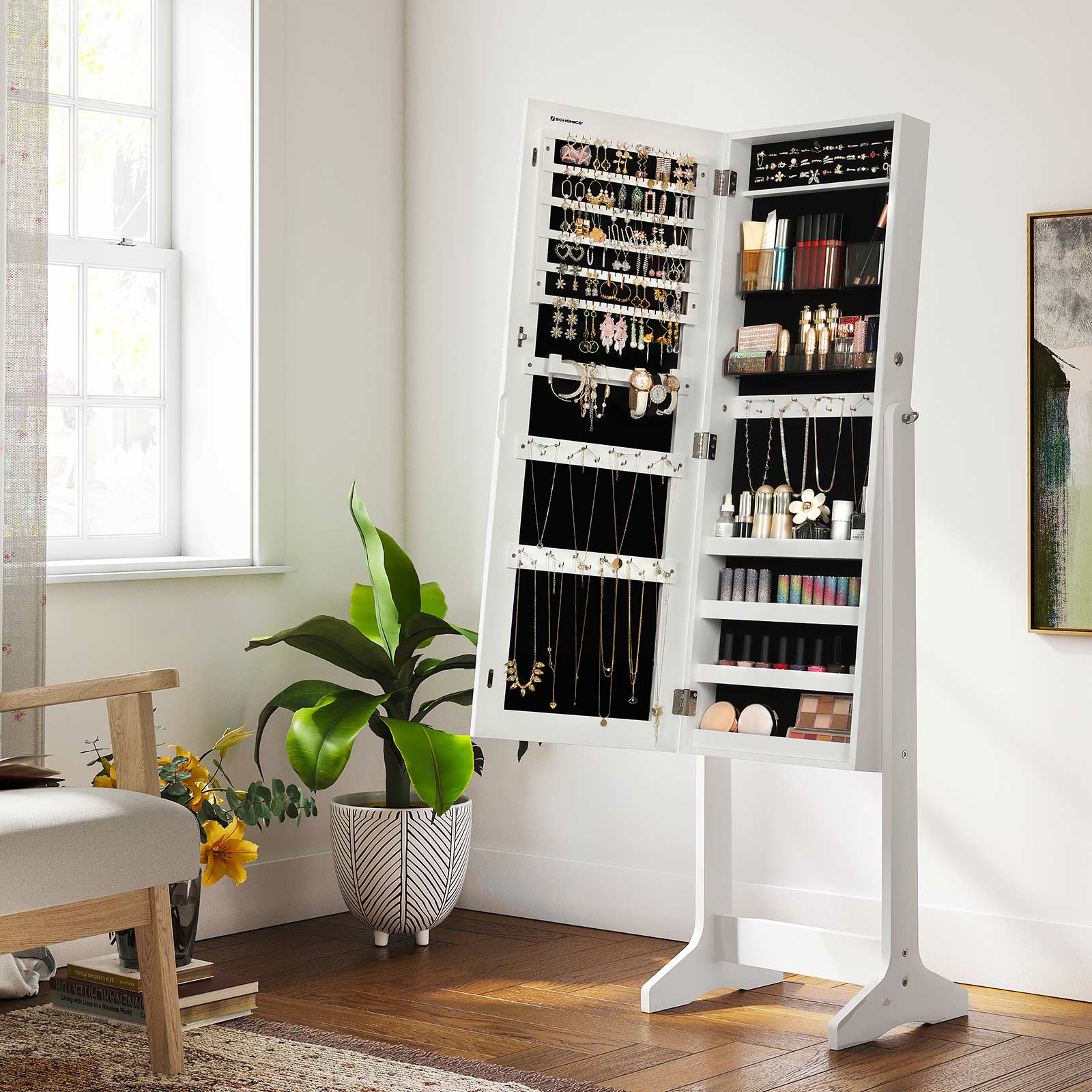Smyckeskåp - Stående spegelskåp med 2 Make -Up -arrangörer - White