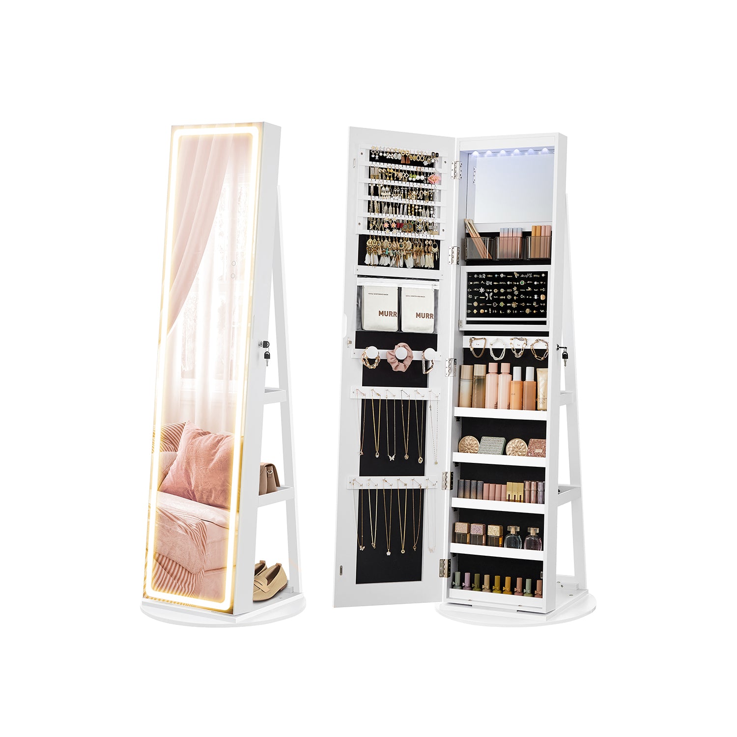 Smyckesskåp med LED-belysning och molnvit spegel