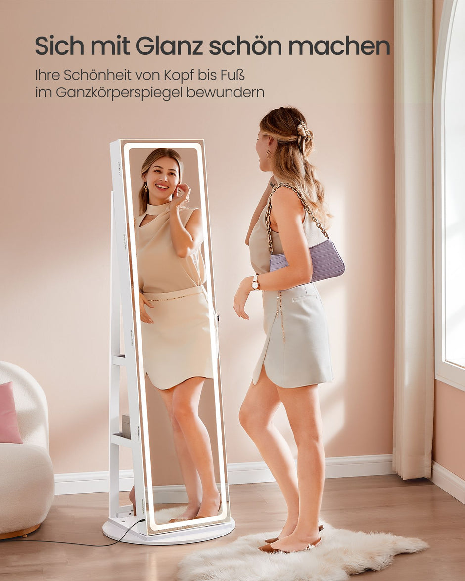 Smyckesskåp med LED-belysning och molnvit spegel