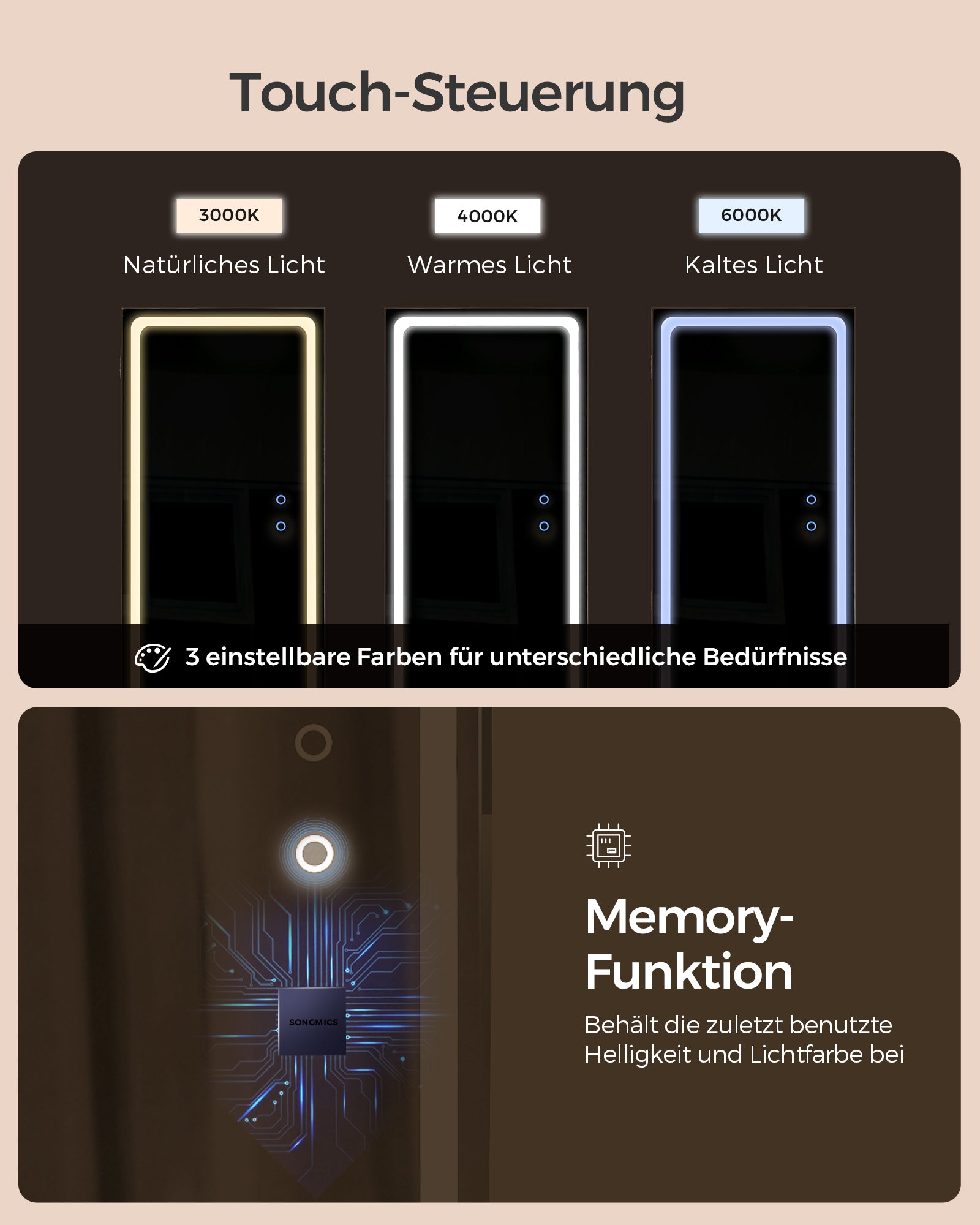 Smyckesskåp med LED-belysning och molnvit spegel