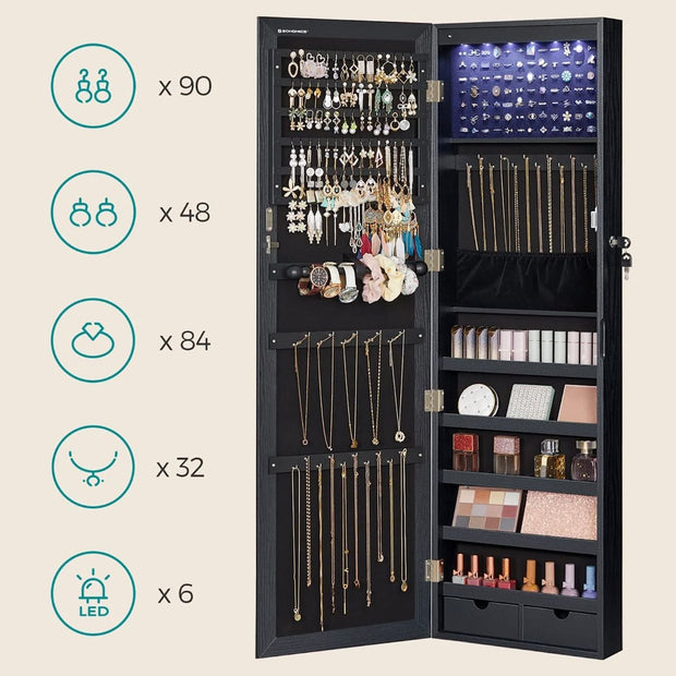 Smyckesskåp – Hängande med LED-belysning – Svart