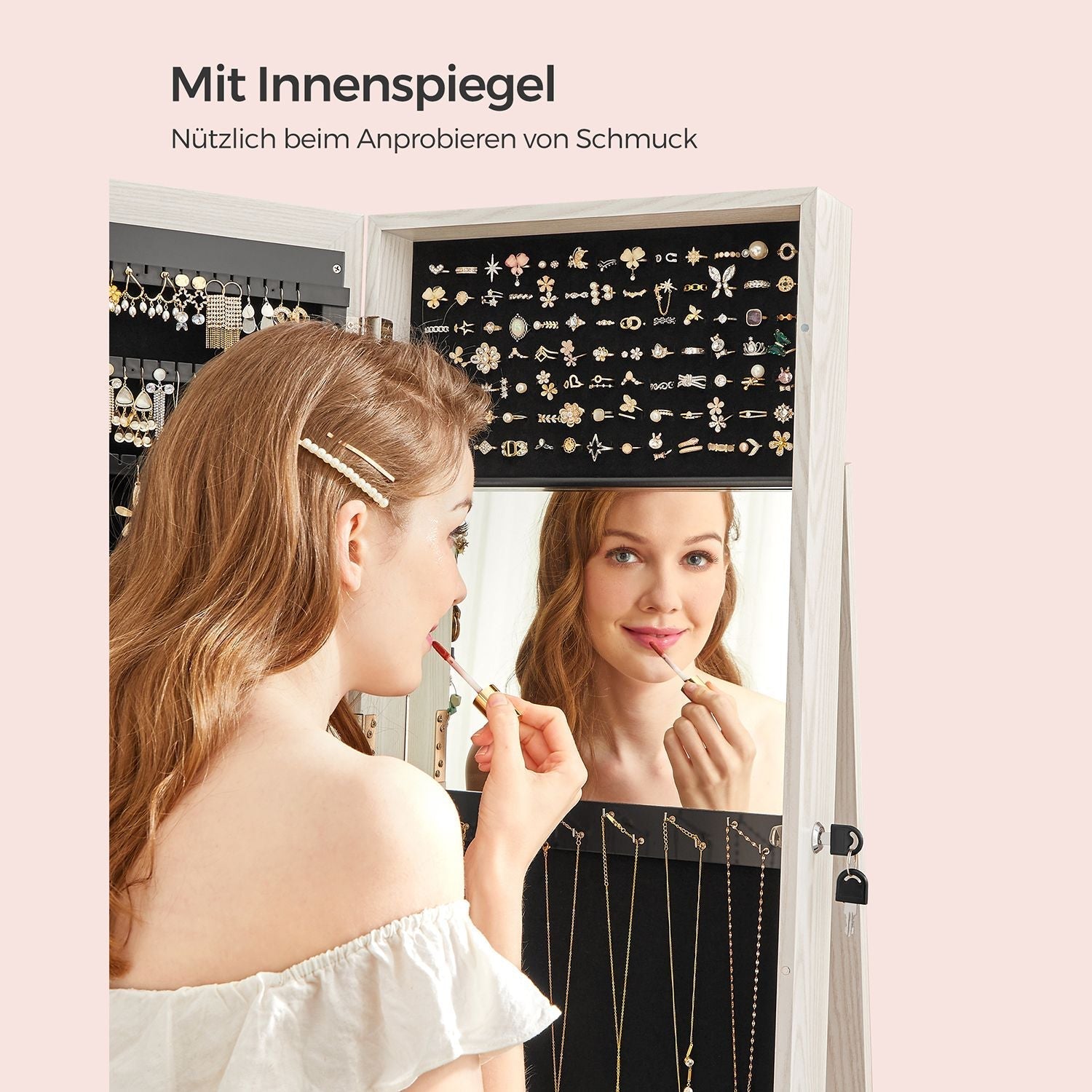 Smyckeskåp - spegel skåp - 360 ° roterbar - låsbar - vit