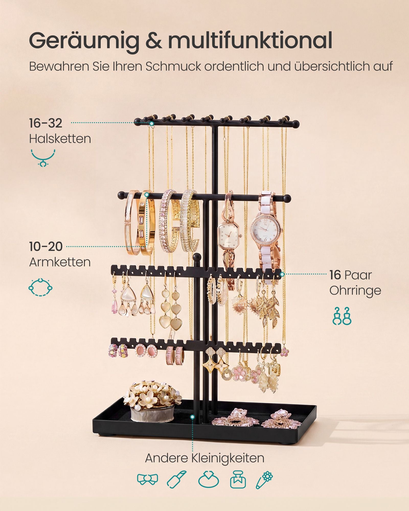 Sieradenstandaard - Van Metaal met Fluwelen Blad - Inktzwart - 11 x 18 x 29,5 cm