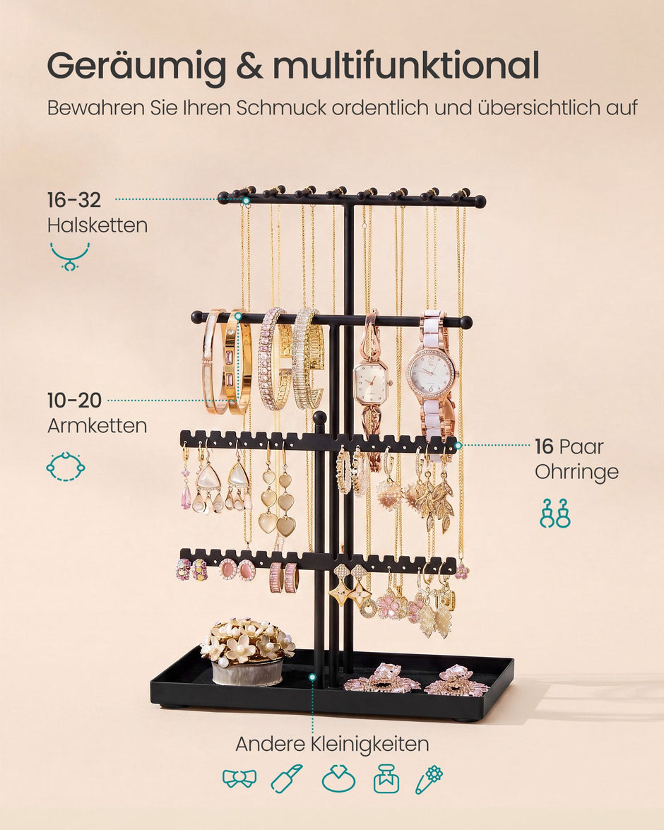 Sieradenstandaard - Van Metaal met Fluwelen Blad - Inktzwart - 11 x 18 x 29,5 cm