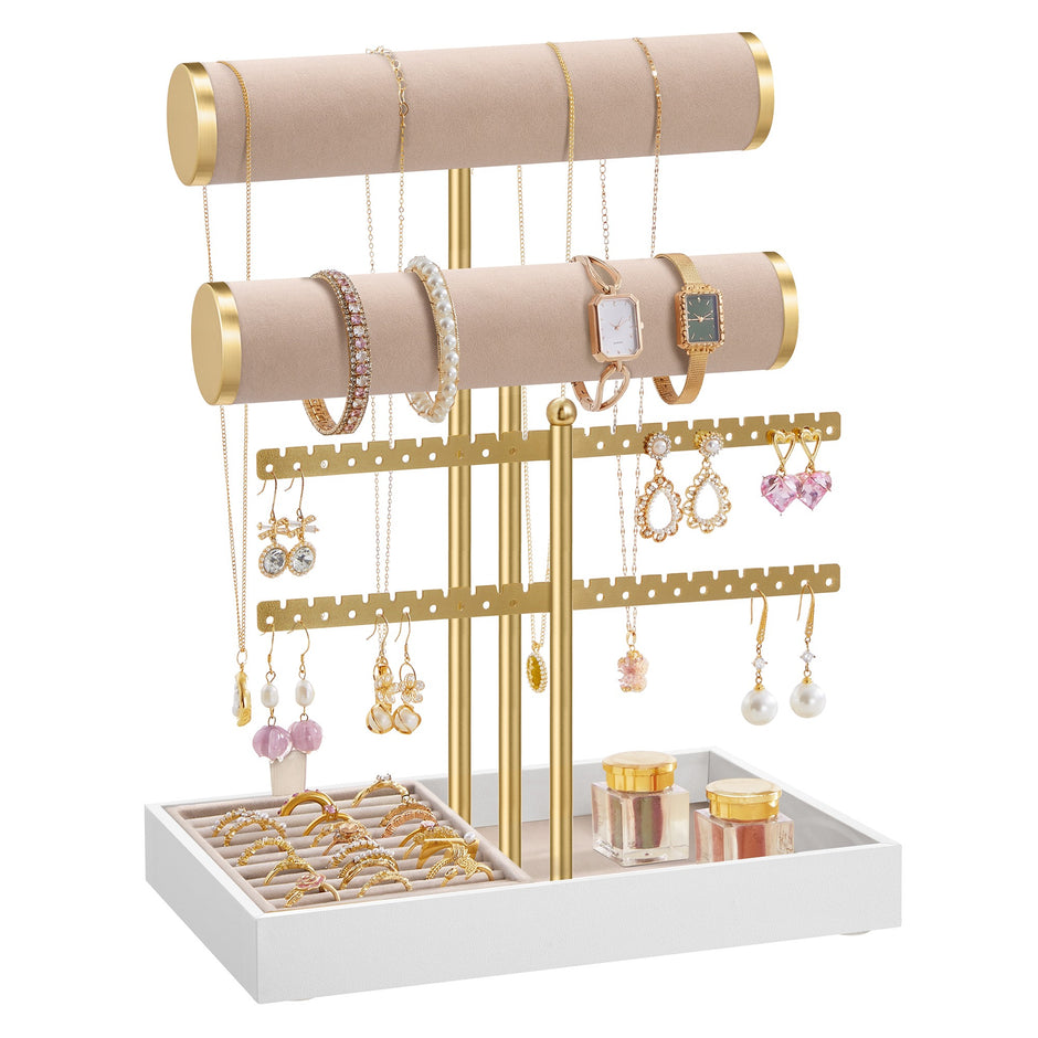 Sieradenhouder - 15 x 22 x 29,2 cm - Lichtgoud en camelbruin fluweel - Capaciteit voor armbanden en oorbellen - 0,6 kg