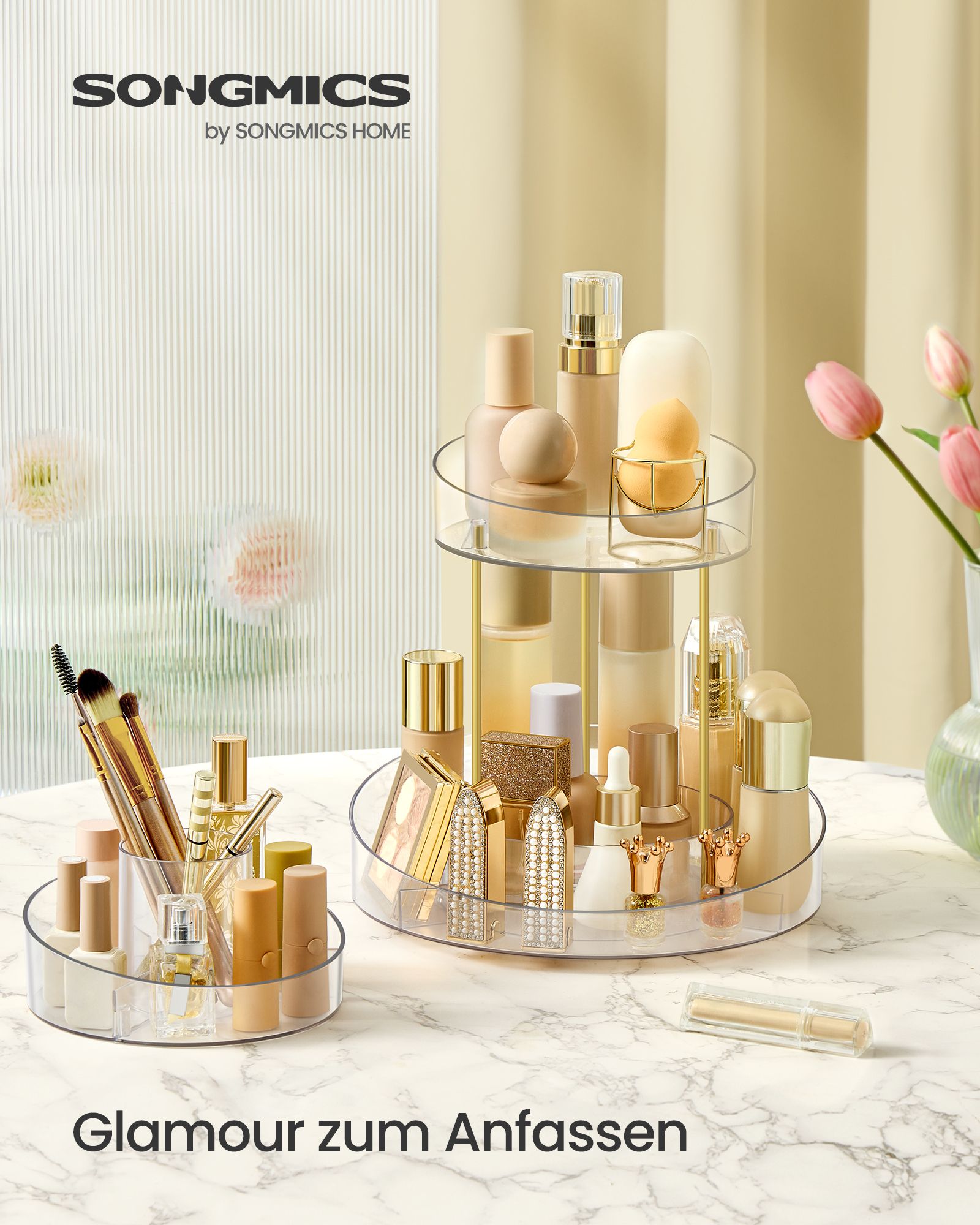 Vändande make-up arrangör med extra transparent behållare