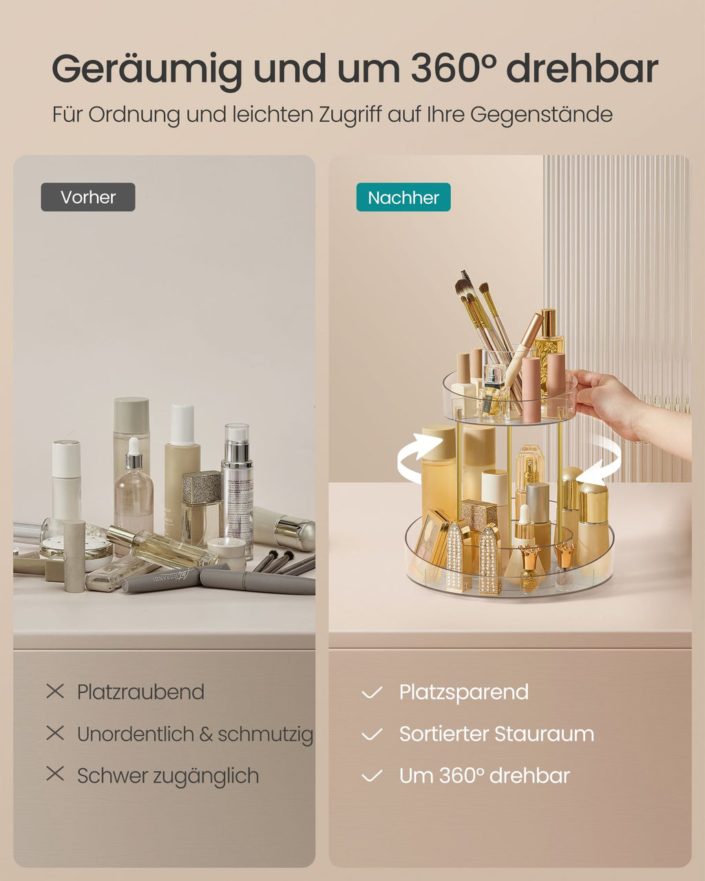 Vändande make-up arrangör med extra transparent behållare