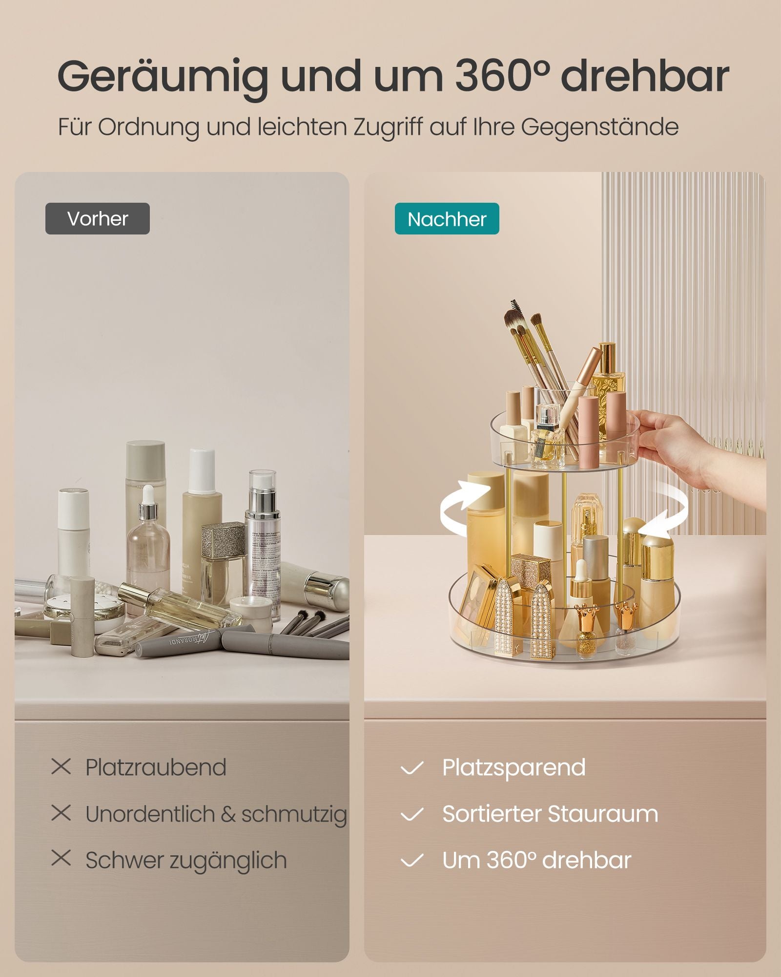 Vändande make-up arrangör med extra transparent behållare
