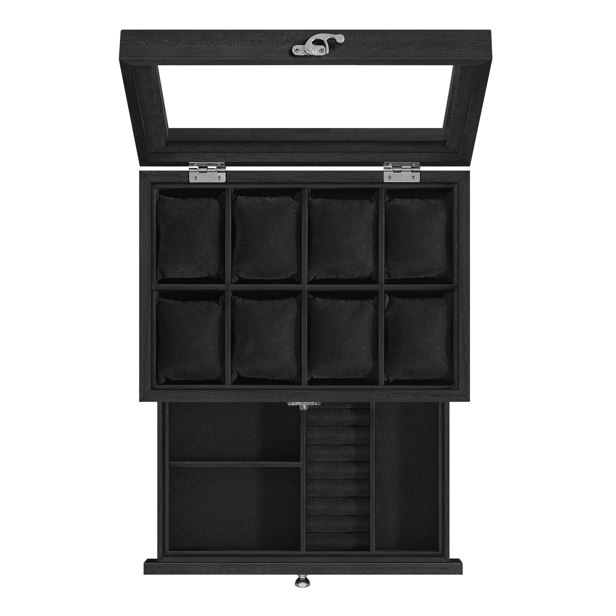 Klockbox – Glaslock – 8 fack – Valnöt