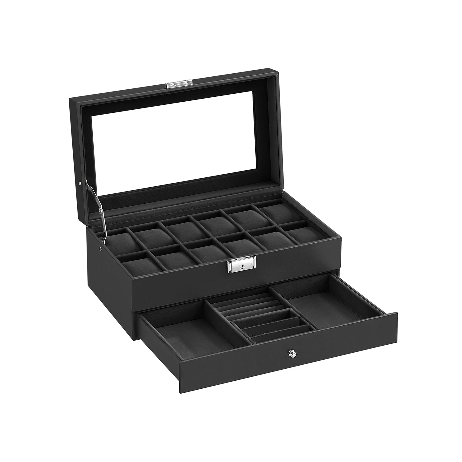 Watchbox - med låda - 12 klockor - smyckesbox - glaslock - svart