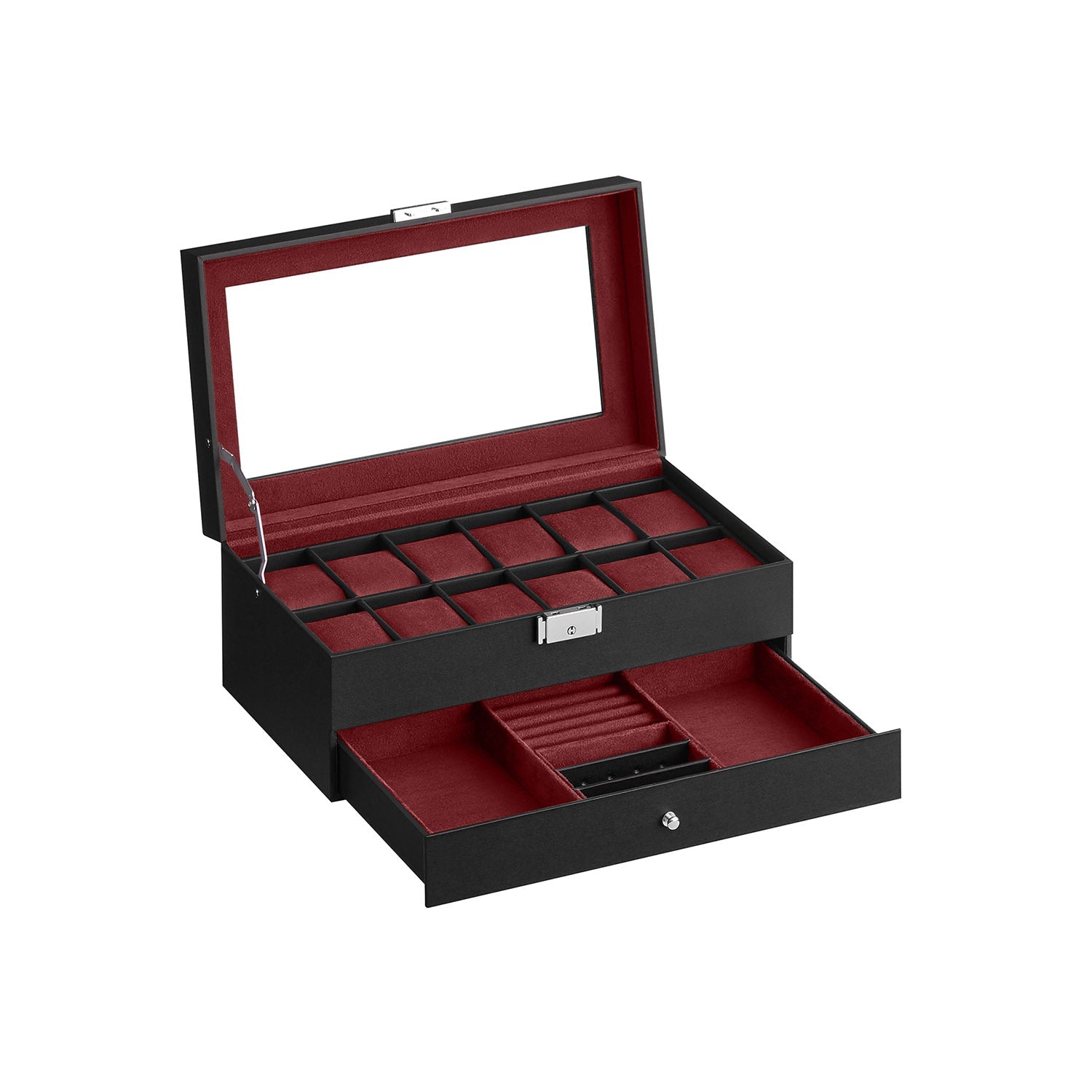 Watchbox - med låda - 12 klockor - smyckesbox - glaslock - svart
