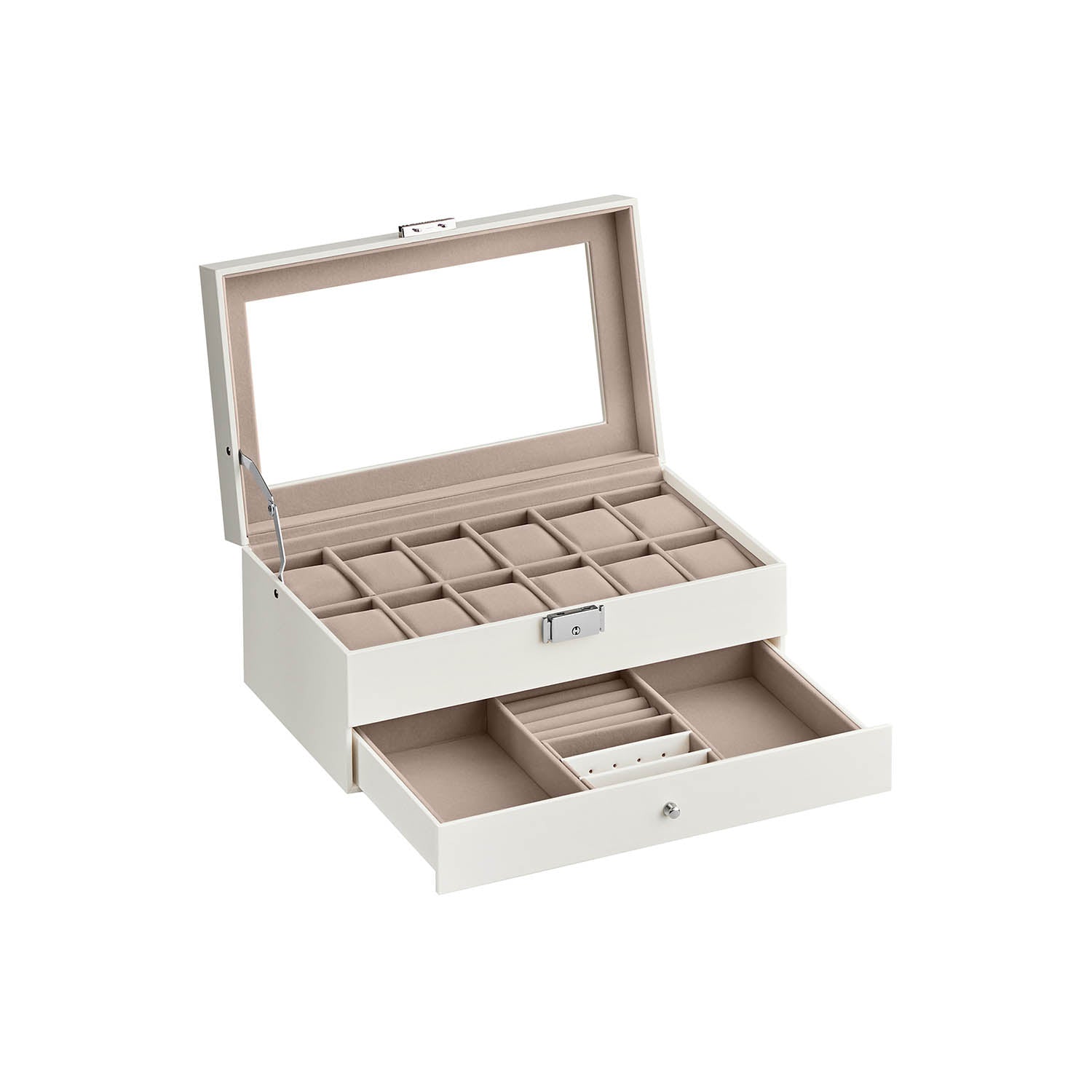 Watchbox - med låda - 12 klockor - smyckesbox - glaslock - svart