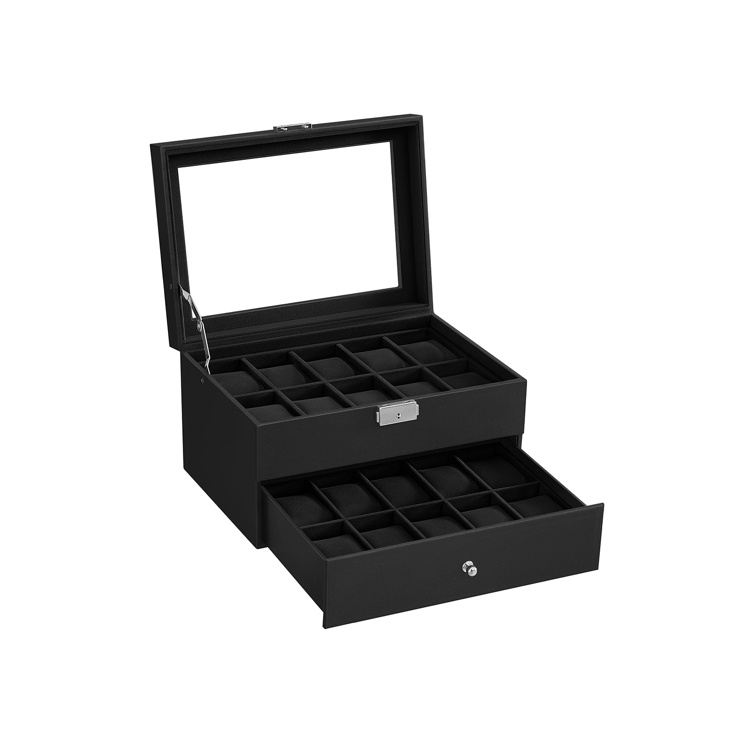 Watchbox - 20 klockor - glaslock - svart