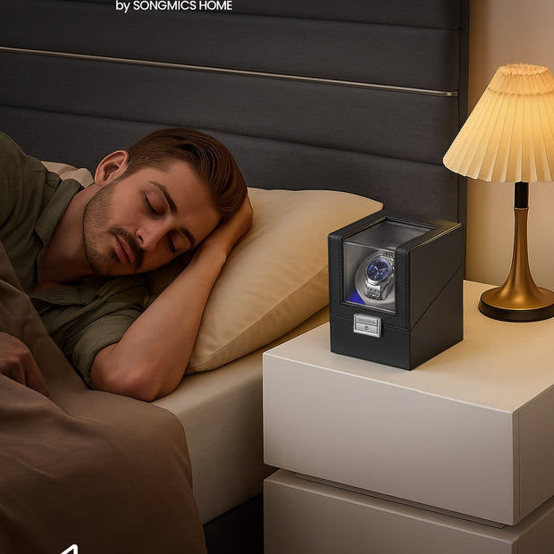 Horlogeopwinder – Voor 1 Horloge – LED-verlichting en Slot – Stil – Zwart en Grijs