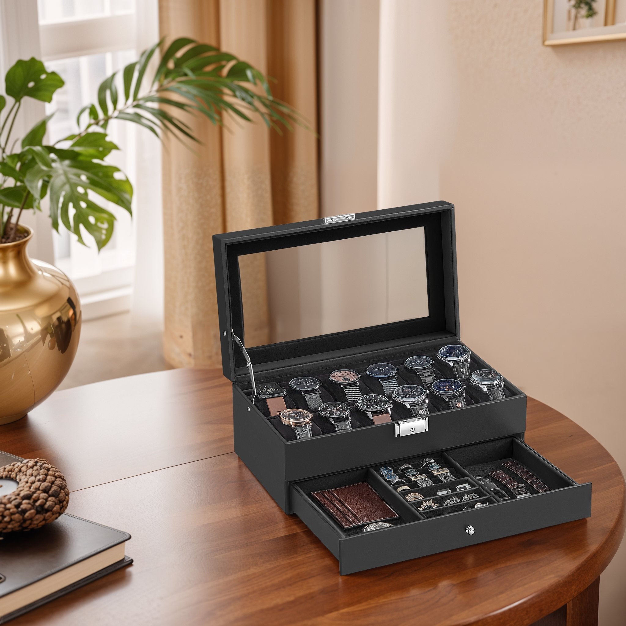 Watchbox med glaslock - 2 lager för 12 klockor