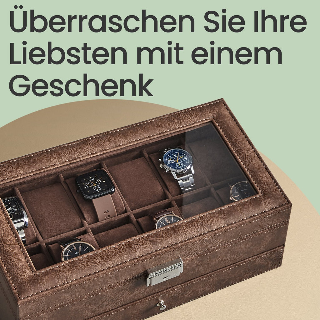 Watchbox med glaslock - 2 lager för 12 klockor