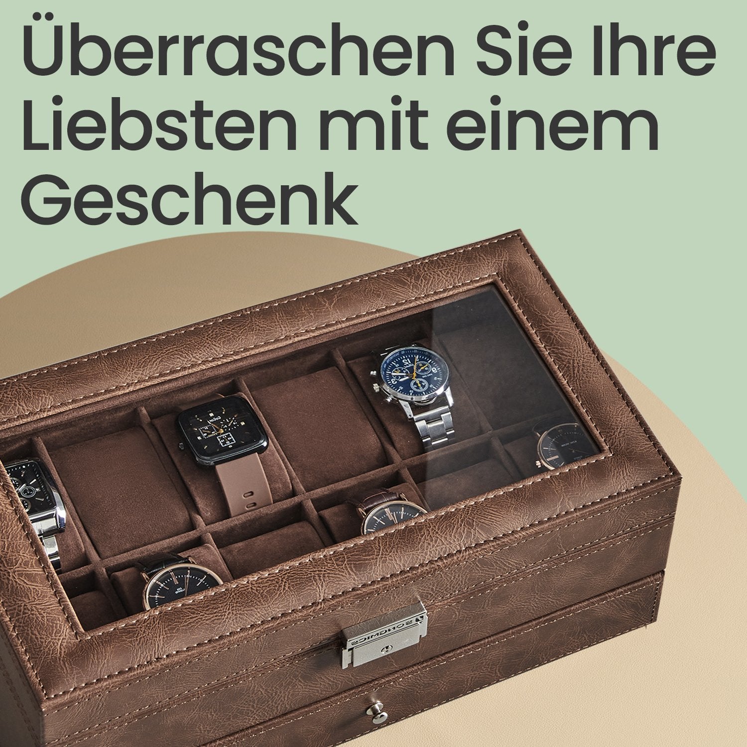 Watchbox med glaslock - 2 lager för 12 klockor