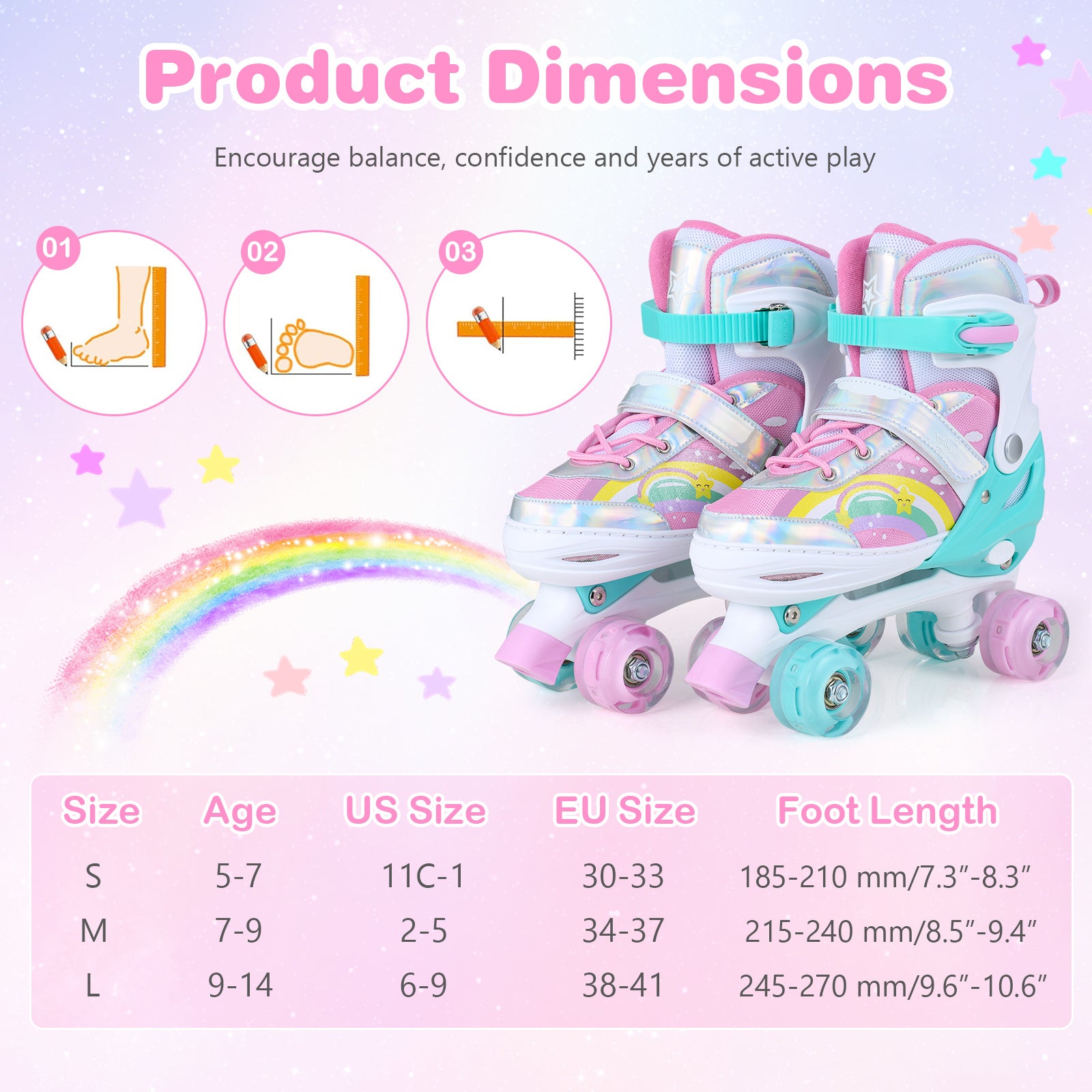 Justerbara – barnrullskridskor med storlekar och LED lyshjul, Quad Skates L – 4 2 – Rosa