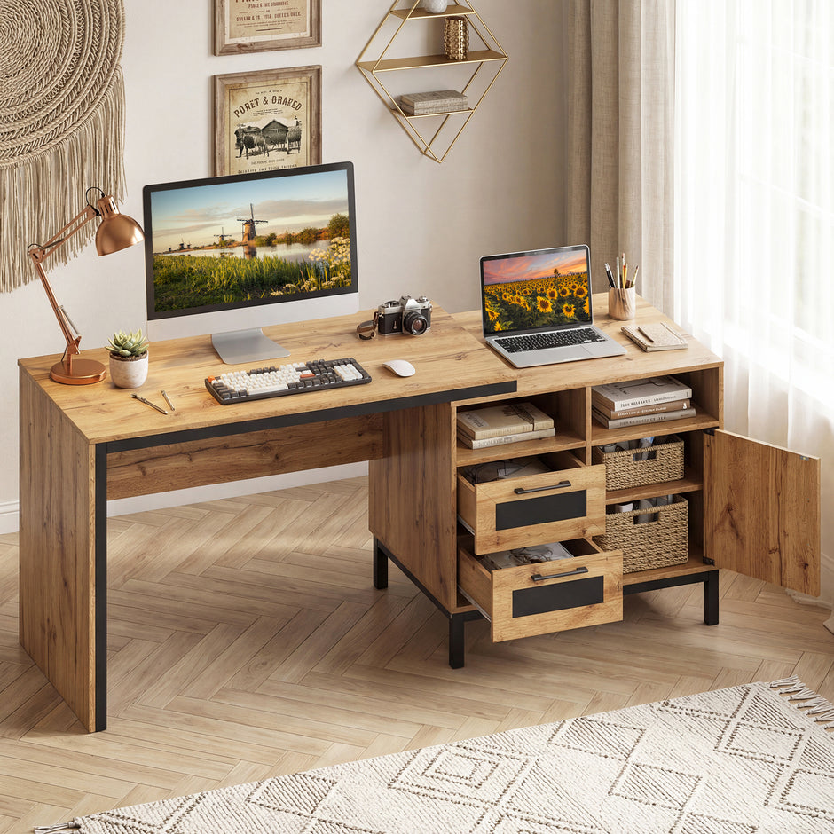 Justerbart – träbord skrivbord med öppna fack, lådor och dörrskåp, – / 2 2 1 181 x 60 x 76 cm – Natur