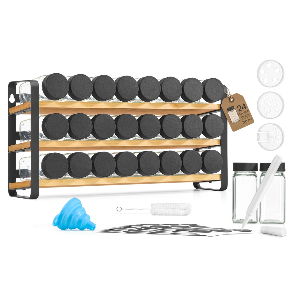 Kruidenrek - 3 Planken - 24 Potjes - Met Etiketten - Inktzwart-Naturel Beige